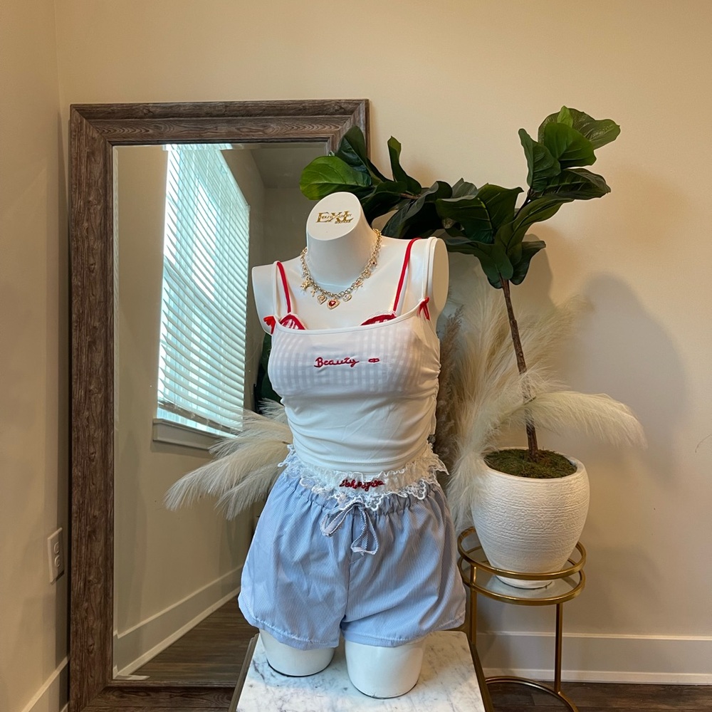 Red and White Checkered Bra and White Lace Shorts Set